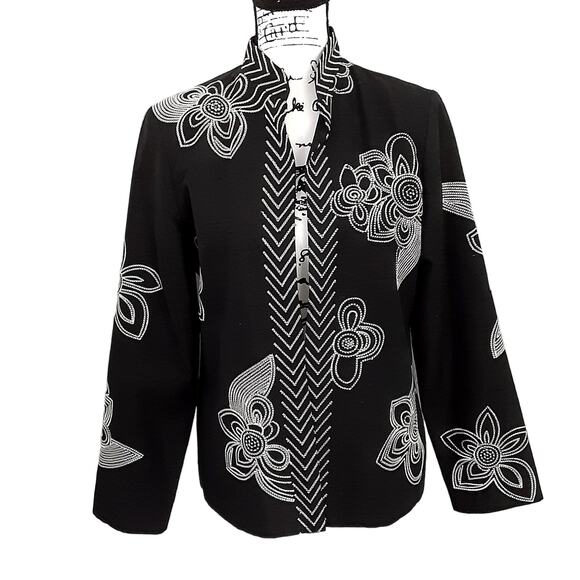 Vintage 90s Silk Blend Blazer Jacket Embroidered Floral Black Mandarin Collar L - Picture 1 of 10